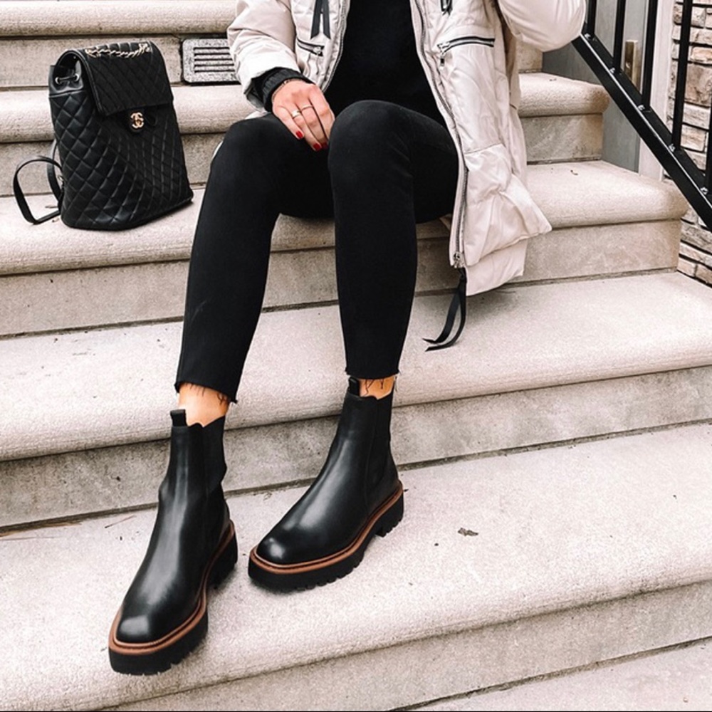 Sam Edelman Black Leather Chelsea Ankle Boots with Brown Trim